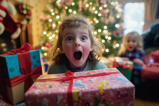 Happy family with smiling children celebrating Christmas at home with decorated tree and Christmas gifts - Powered by Adobe