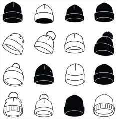Cozy vector collection of modern beanie hats and knitted caps, featuring diverse silhouettes. This versatile illustration set is ideal for winter fashion, casual wear, outdoor, and apparel designs.