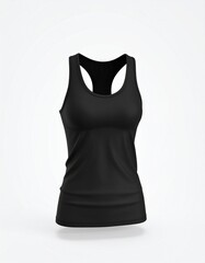A sleek, black women's athletic tank top with a racerback design, fitted cut, and smooth texture, displayed against a plain white background.