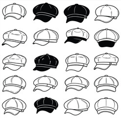 Unique vector collection of classic flat caps and newsboy hats, ideal for diverse design projects. This stylish illustration set features hand-drawn line art headwear, perfect for fashion, lifestyle.