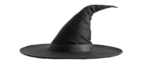 Traditional pointed sorcerer hat with wide brim isolated on white transparent background