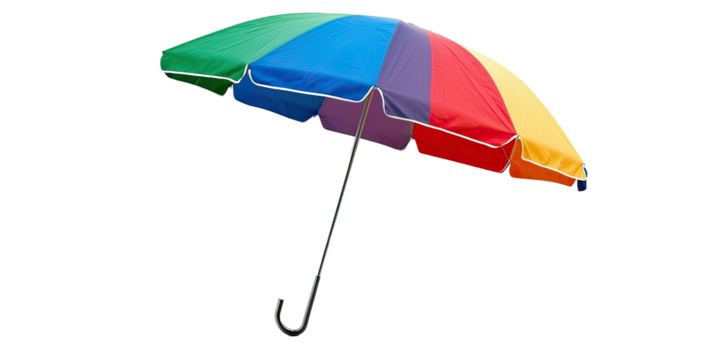 Colorful rainbow umbrella multicolor stripes beach parasol protection isolated on white transparent background