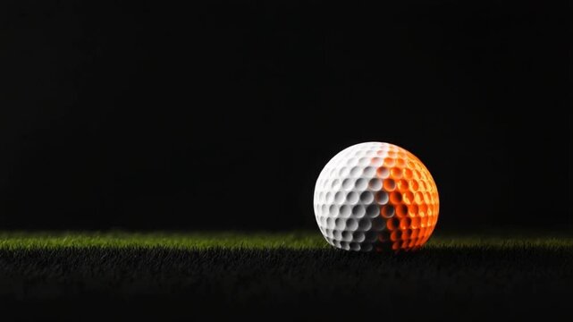 A close-up of a golf ball resting on green grass with dramatic lighting against a dark background