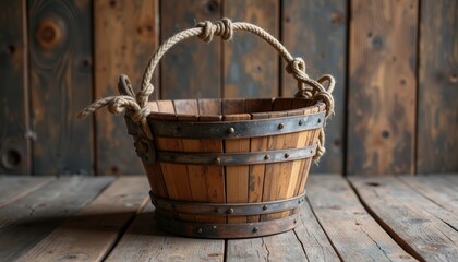 Wooden bucket with rope handle on rustic wooden background