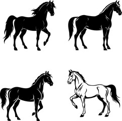 Vector icon set of horses in standing and walking poses