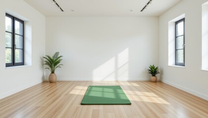 an uncluttered pilates room with a green exercise mat against a white background, under soft dim light with plenty of open space, high resolution.