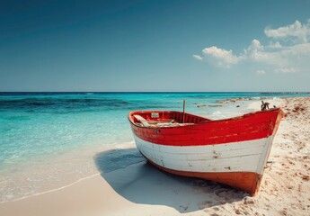 Naklejka premium Red and White Boat on a Tropical Beach with Turquoise Water