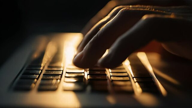 Hands diligently typing on a laptop keyboard, bathed in warm light, perfect for creative tasks.