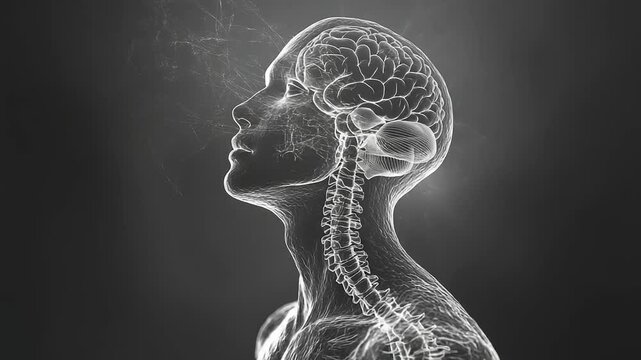 Abstract representation of a human head showcasing brain and spine anatomy against a dark backdrop