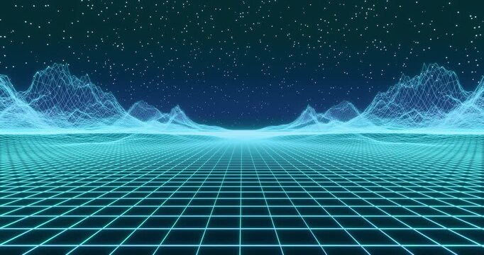 Futuristic glowing neon wireframe background. Shining grid horizon and mountain in perspective. Bright retro digital cyberspace against night starry sky. 4K 3D rendering loop animation.