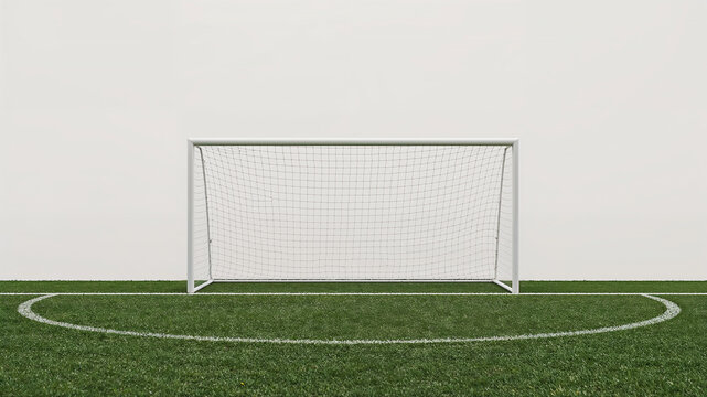 Empty soccer goal on a green field with white background - Powered by Adobe