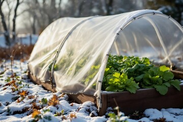 Winter Garden Protection: Snow-Covered Row Cover Protecting Lush Green Vegetables