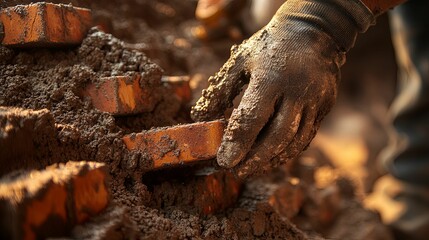 Muddy hands meticulously place bricks in a wall.