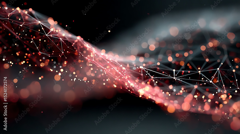 Poster A captivating abstract background featuring dynamic red waves and glowing dots, symbolizing innovation and digital evolution.