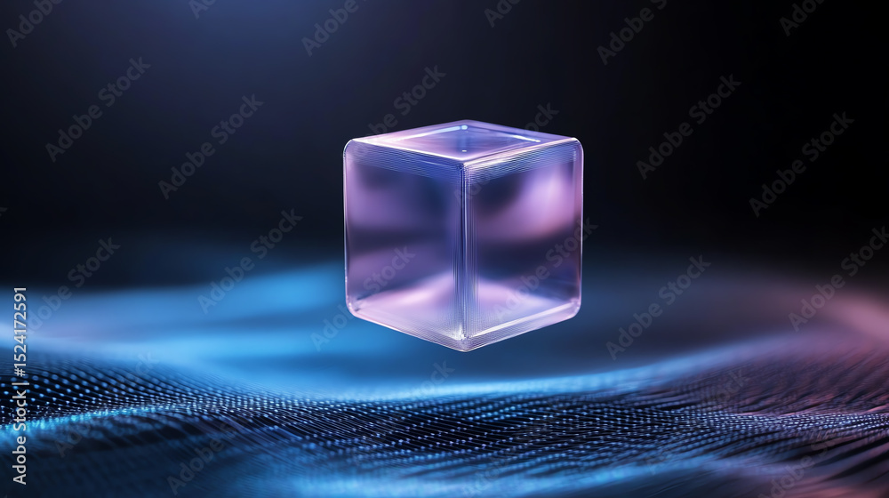 Poster a captivating translucent cube against a vibrant, textured background, perfect for creating a futuri