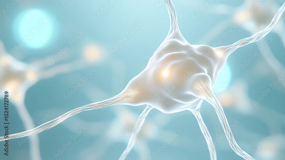 Poster A close-up view of a neuron, showcasing its intricate structure and connections in a blue-toned environment.