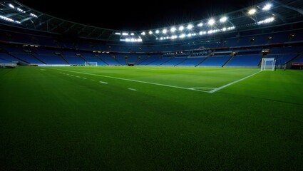 Fototapeta premium Empty soccer stadium at night green field