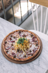 Pizza with Golden Fried Onion Rings on Top - Pizza with Golden Fried Onion Rings on Top