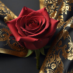 Red Rose on Luxurious Black and Gold Fabric