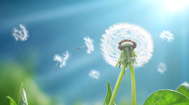 A close-up view of a dandelion in bloom, with seeds gently drifting away in a sunlit atmosphere, symbolizing nature's beauty and fragility. - Powered by Adobe