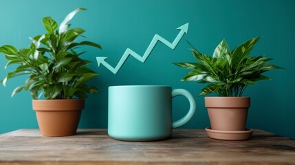 Fototapeta premium Plants, mug and a rising arrow on a wood surface