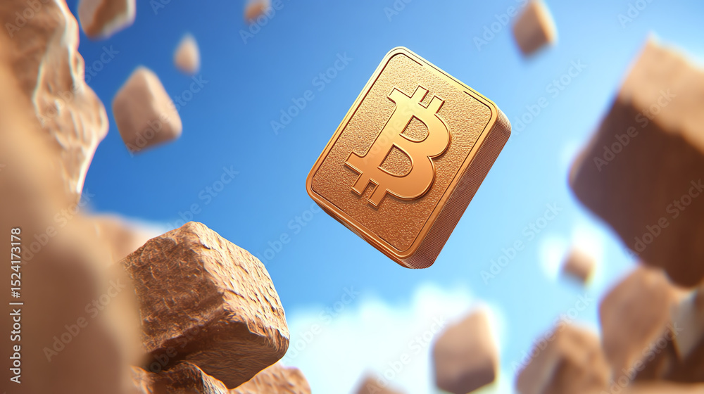 Poster A floating Bitcoin symbol surrounded by abstract rocks, representing the cryptocurrency's digital evolution and transformation.