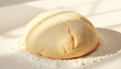 Sunlit Dough Ball Ready for Baking A Close-Up View of Soft, Pale Yellow Dough Lightly Dusted with Flour on a White Surface