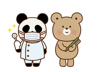 歯ブラシを持つくまと歯医者のパンダのかわいいイラスト
