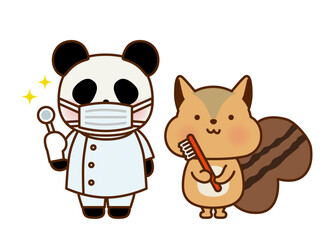 歯ブラシを持つリスと歯医者のパンダのかわいいイラスト