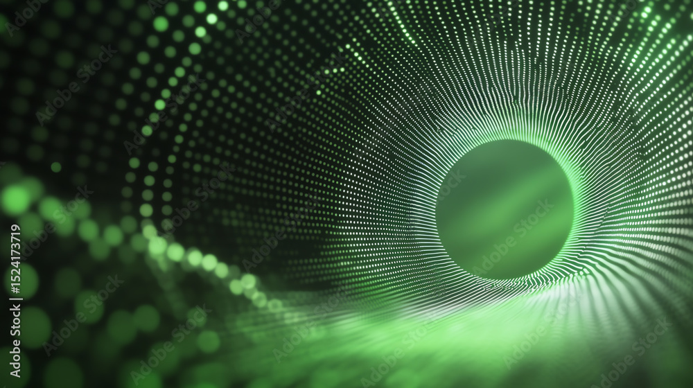 Poster A mesmerizing green digital tunnel with circular patterns and light effects, symbolizing technology and innovation.