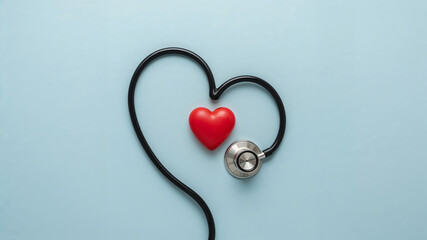 Stethoscope forming heart shape with red heart on light blue background