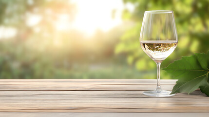 A refreshing glass of white wine sits gracefully on a wooden table, surrounded by vibrant greenery and warm sunlight.