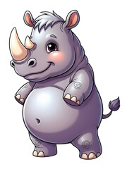 Fototapeta premium Friendly cartoon rhino with a small horn, big belly, and soft, smiling eyes – isolated on a transparent background