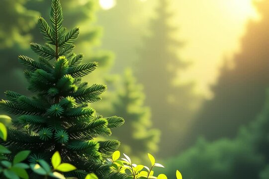 small pine tree middle lush green forest sun shining trees background creating