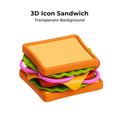 High-Quality 3D Render of a Colorful Sandwich Icon – Cartoon Style with Cheese, Lettuce, Onion, and Tomato Layers