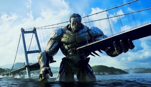 Footage of a giant metal monster destroying a bridge over the ocean with majestic mountains, blue sky and clouds