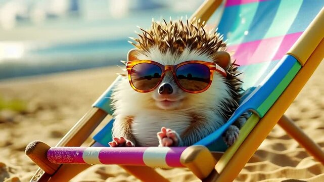 A cute hedgehog in sunglasses lounging on a beach chair.
