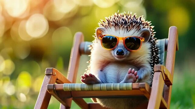 A cute hedgehog in sunglasses relaxing on a chair outdoors.