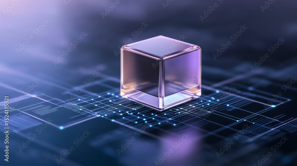 Poster A translucent cube representing digital data and innovation in a futuristic tech environment.