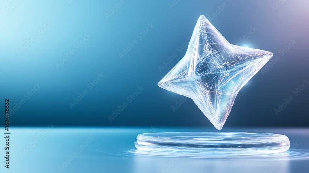 Poster a translucent star-shaped object on a reflective surface, set against a gradient blue background, pe