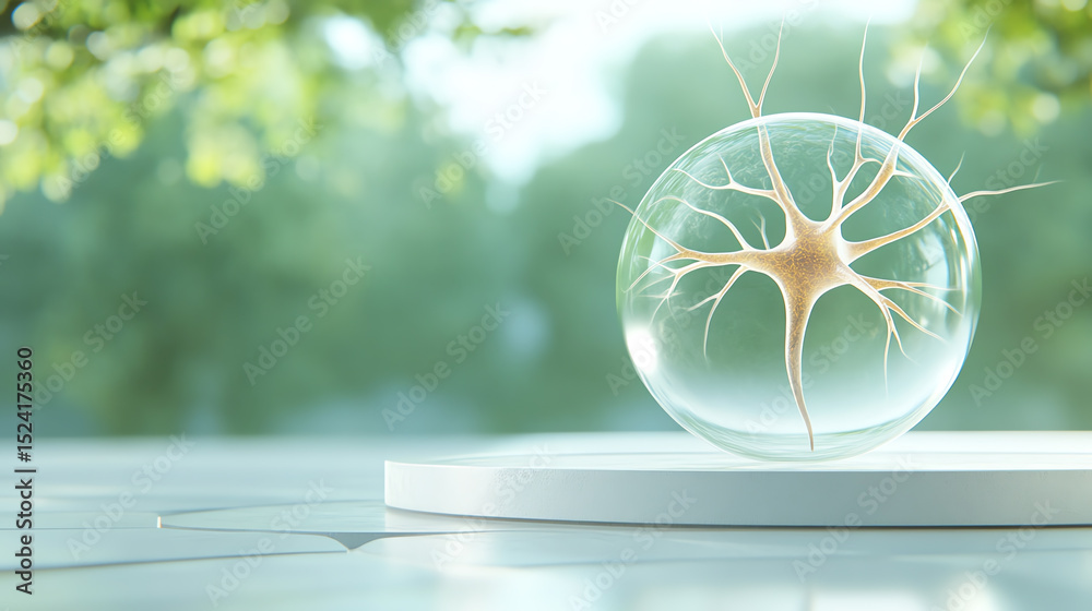 Poster a transparent sphere featuring an intricate neuron structure, symbolizing the essence of neuroscienc