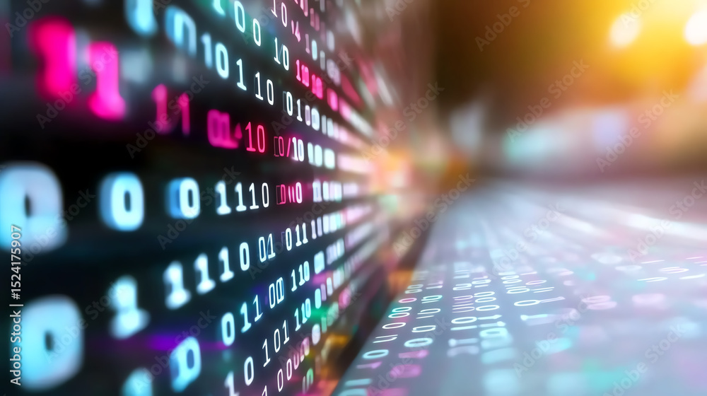 Aufkleber Abstract digital data stream with binary code displayed in vibrant colors, illustrating the flow of information and technology.
