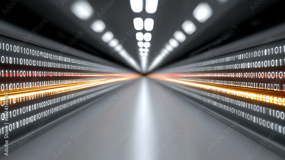 Poster Abstract digital tunnel representing data flow with binary code, illustrating modern technology and speed in a futuristic setting.
