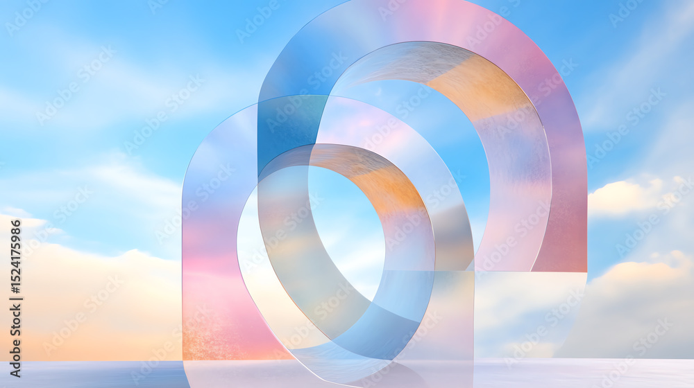 Poster Abstract geometric shapes blend with a colorful sky, creating a serene and modern visual composition for creative projects.