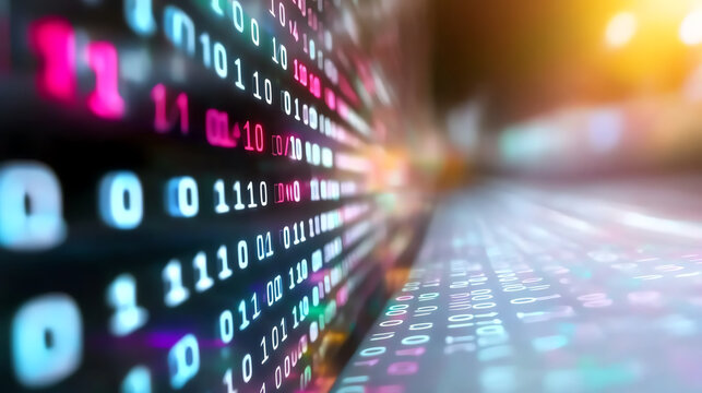Abstract digital data stream with binary code displayed in vibrant colors, illustrating the flow of information and technology.