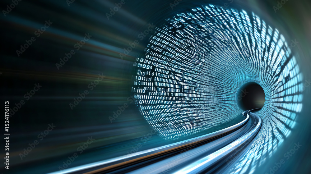 Poster Abstract representation of data flowing through a digital tunnel, symbolizing fast internet connectivity and information transfer.