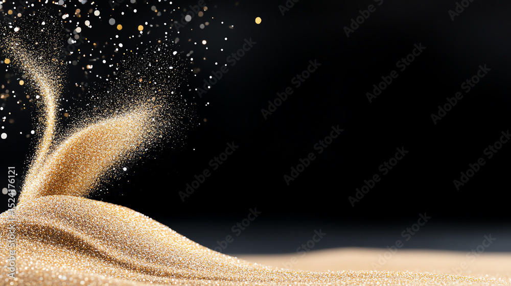 Poster Abstract view of flowing sand particles creating a wave-like pattern against a black background, showcasing movement and texture.