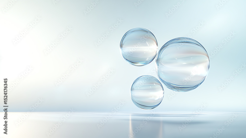 Poster Clear water droplets gracefully float above a reflective surface, creating a serene atmosphere with soft colors in the background.