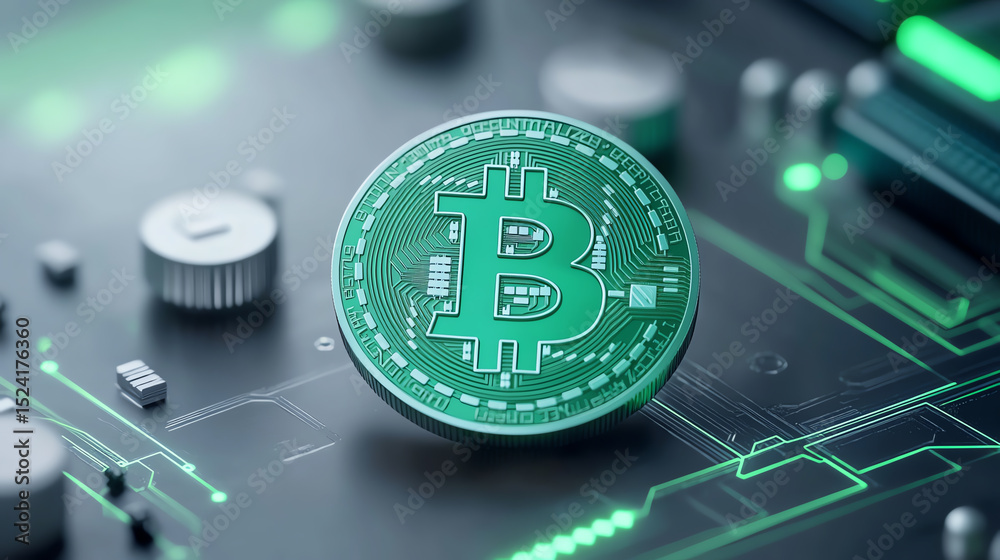 Poster close-up of a bitcoin coin on a digital circuit board, symbolizing cryptocurrency and modern finance