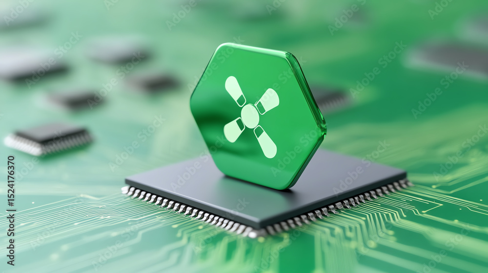 Poster close-up of a green microchip symbol on a circuit board, illustrating modern technology and innovati